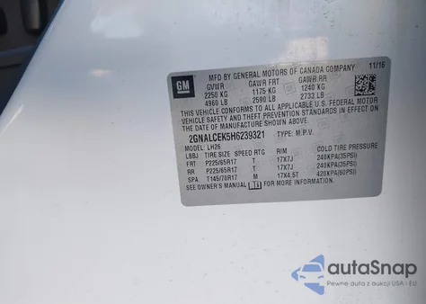 2017 Chevrolet Equinox Lt z USA, uszkodzony, nr VIN 2GNALCEK5H6239321